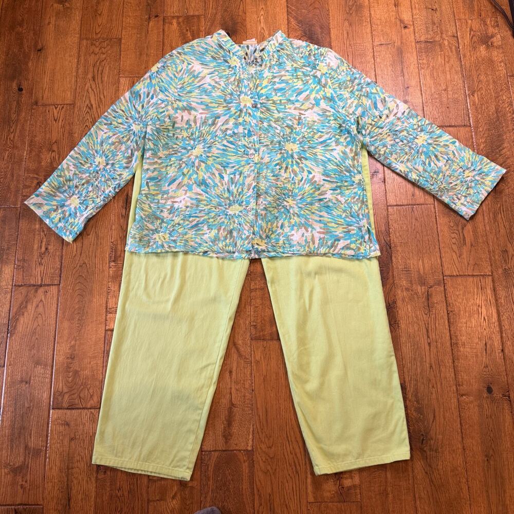Ruby Rd Womens Neon Lime Green Pants Size 16 and Button Down Blouse Sz 18 Outfit